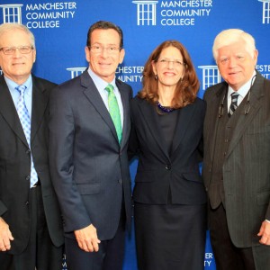 From left, BOR President Gray, Governor Malloy, MCC President Gena Glickman, Congressman Larson pose at a press conference Oct. 14 to explain the details of the grant.